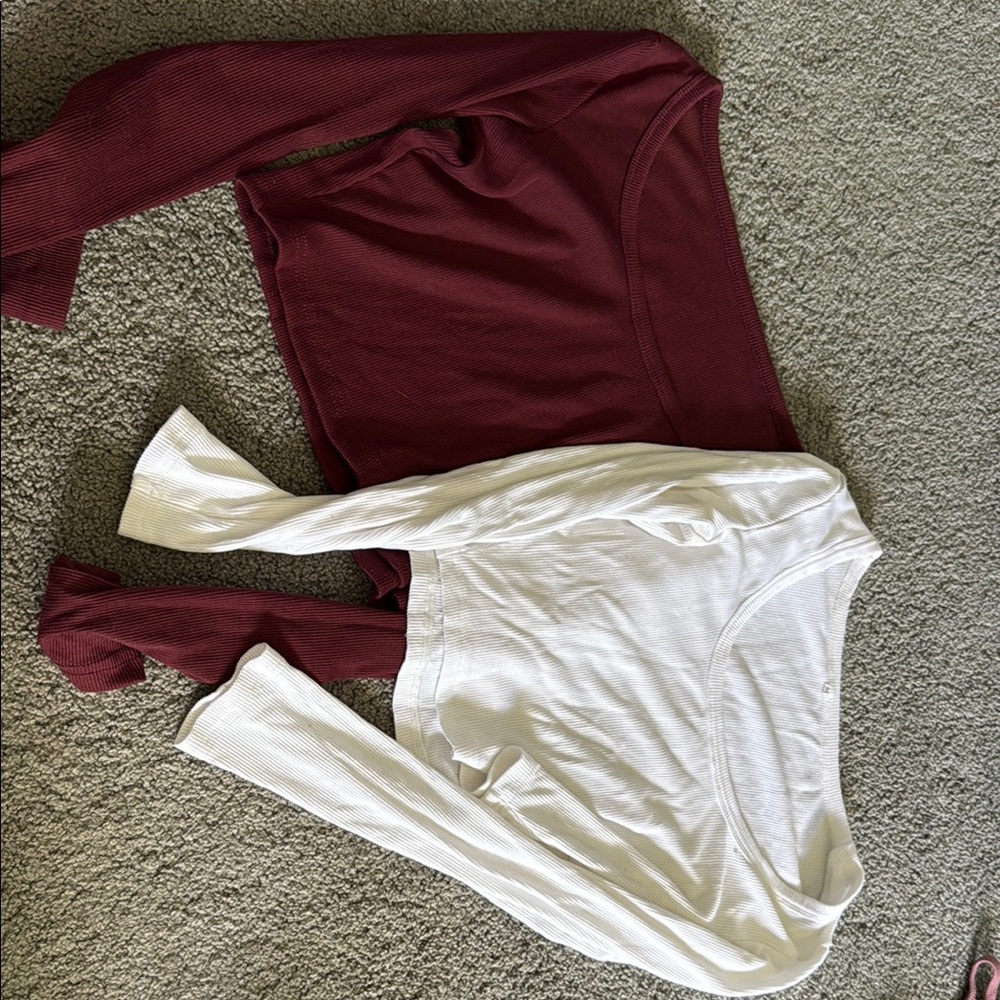 Burgundy and White Long Sleeve Tops